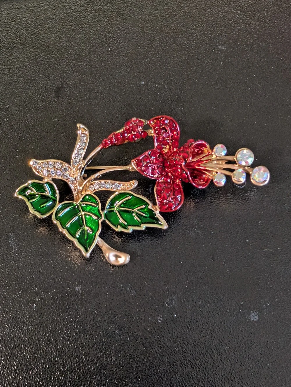 Floral Red and Green Crystal Brooch - Elegant Women's Jewelry
